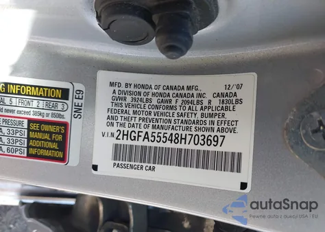 2008 Honda Civic Si/Si Mugen from USA, damaged, VIN 2HGFA55548H703697